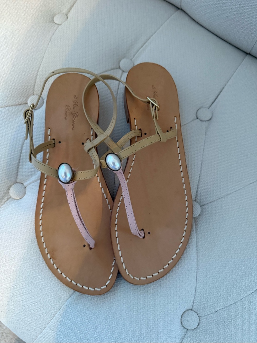Handmade Italian Leather T-Strap Sandals with Pink Accent and pearls